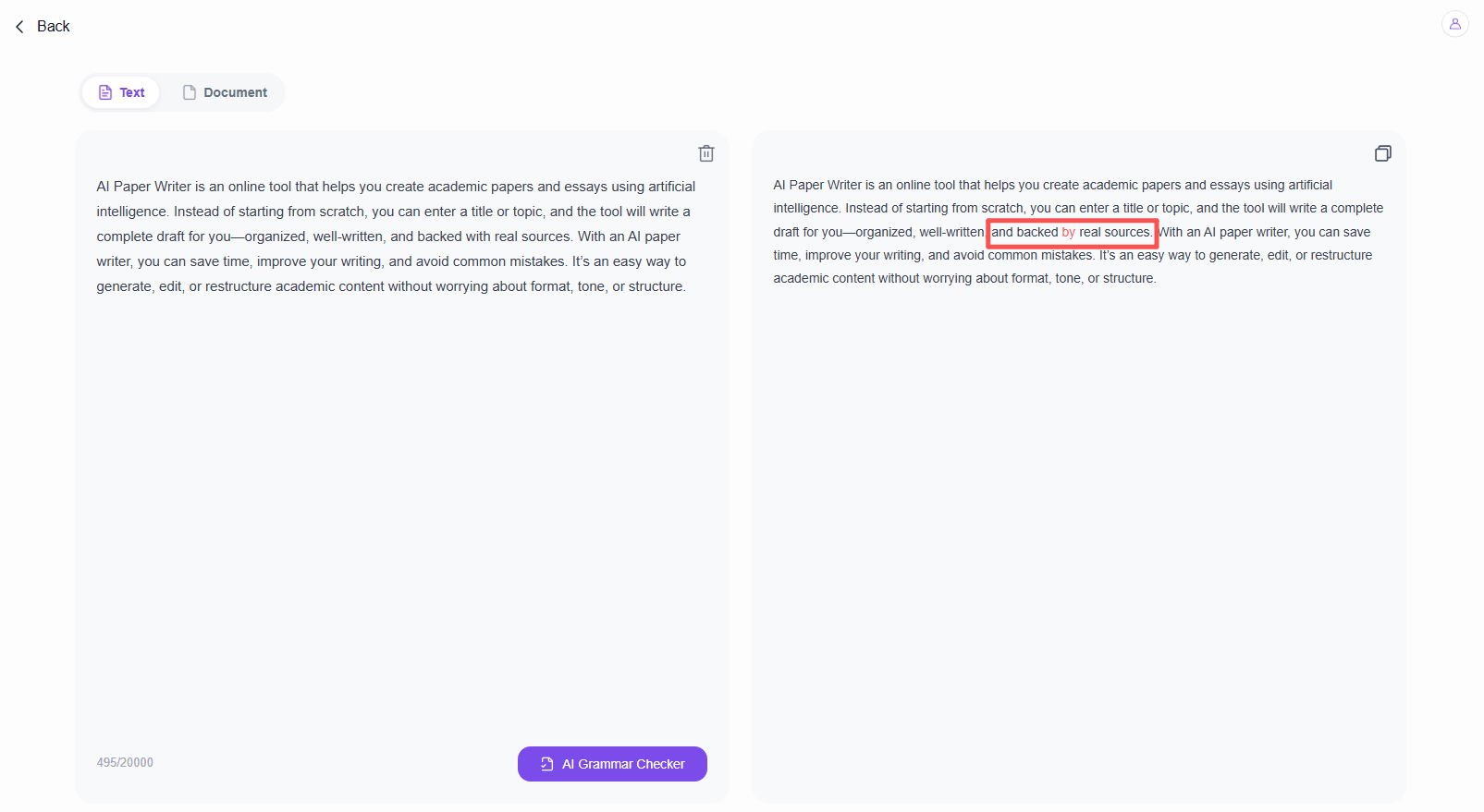 EaseDone AI grammar checker result