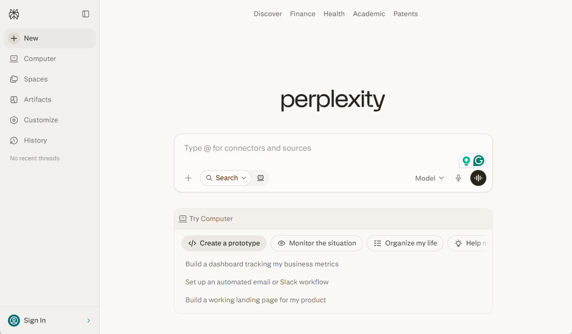 main interface of Perplexity